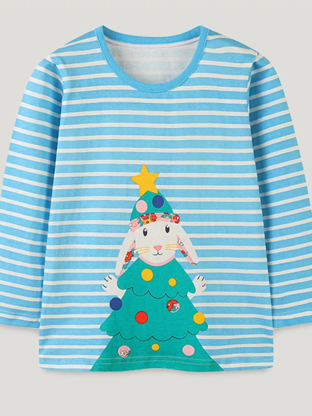 Blue striped cotton t-shirt with festive rabbit Christmas tree graphic.