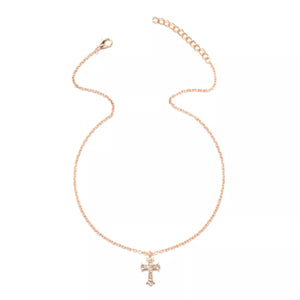 Gold rhinestone cross pendant necklace with delicate chain