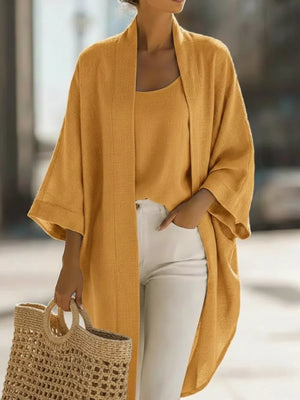 Open-front Cardigan And Tank Top Set Plus Size in Camel with two-piece set