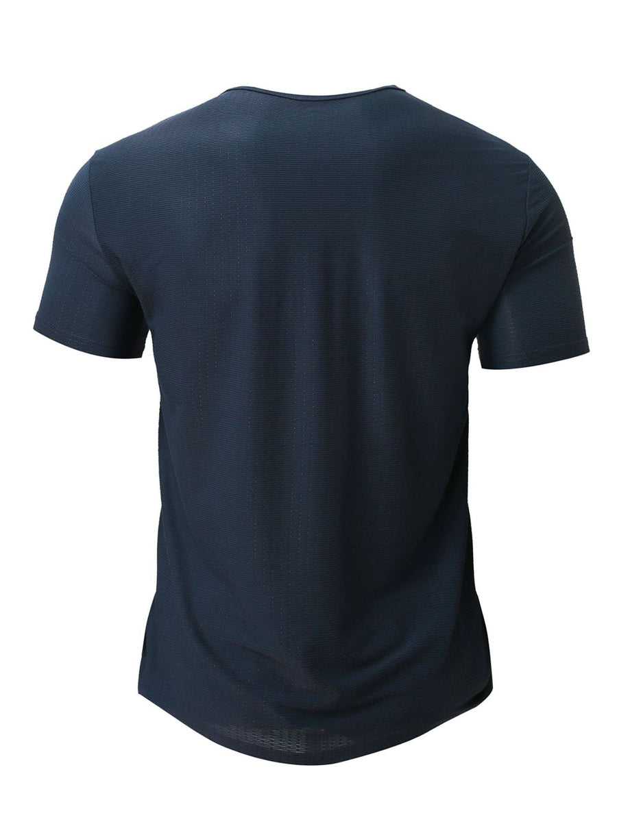 Navy blue men's crew neck t-shirt with textured breathable fabric