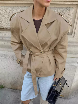 Khaki with Chic Double-breasted Belted Trench Coat
