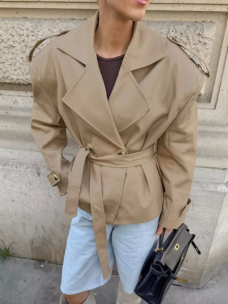 Khaki with Chic Double-breasted Belted Trench Coat