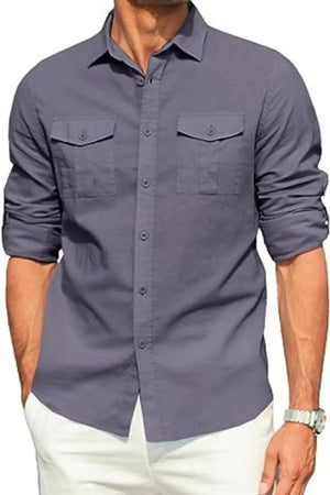 Dark gray linen utility shirt with two chest pockets and button-down collar.