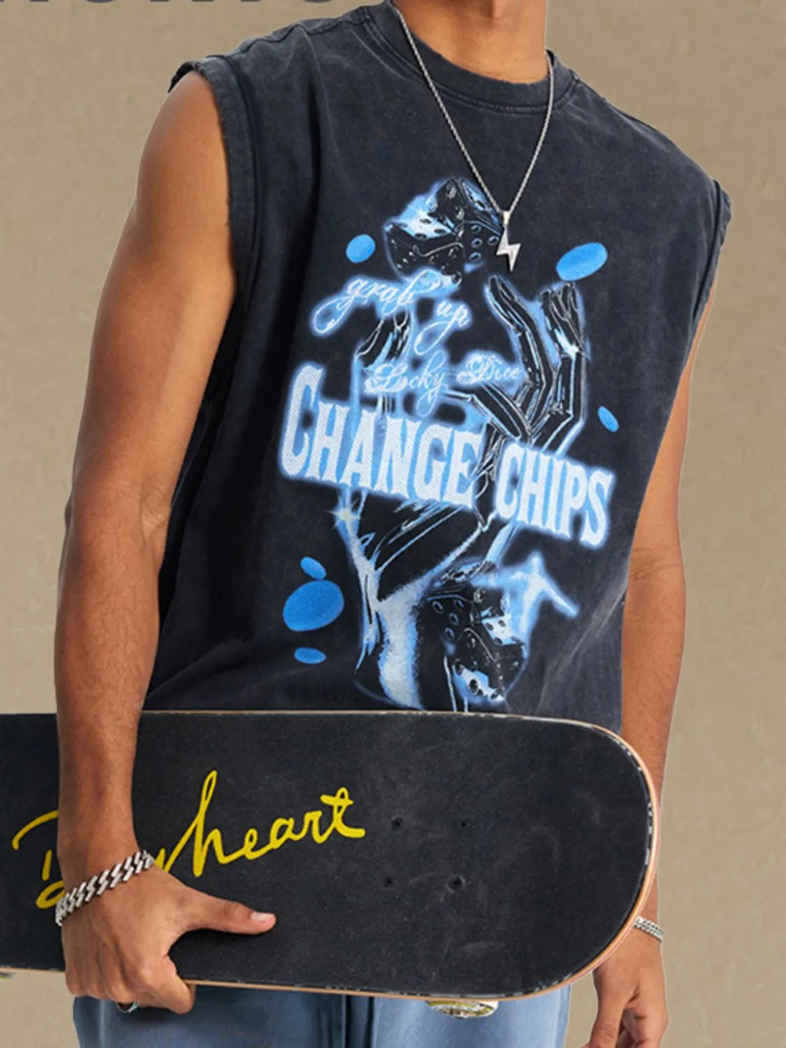 Black vintage wash graphic sleeveless tee with dice and text print