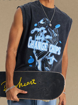 Black vintage wash graphic sleeveless tee with dice and text print