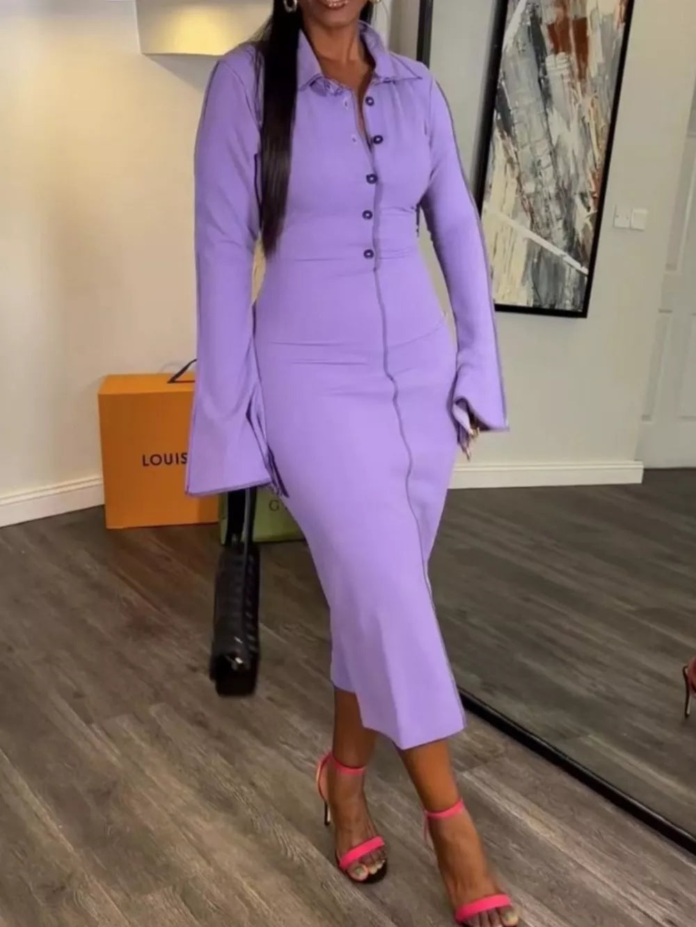 Lavender Purple Button Front Long Sleeve Midi Dress