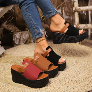 Sophisticated open-toe wedge sandals in red, light brown, and black with platform soles.
