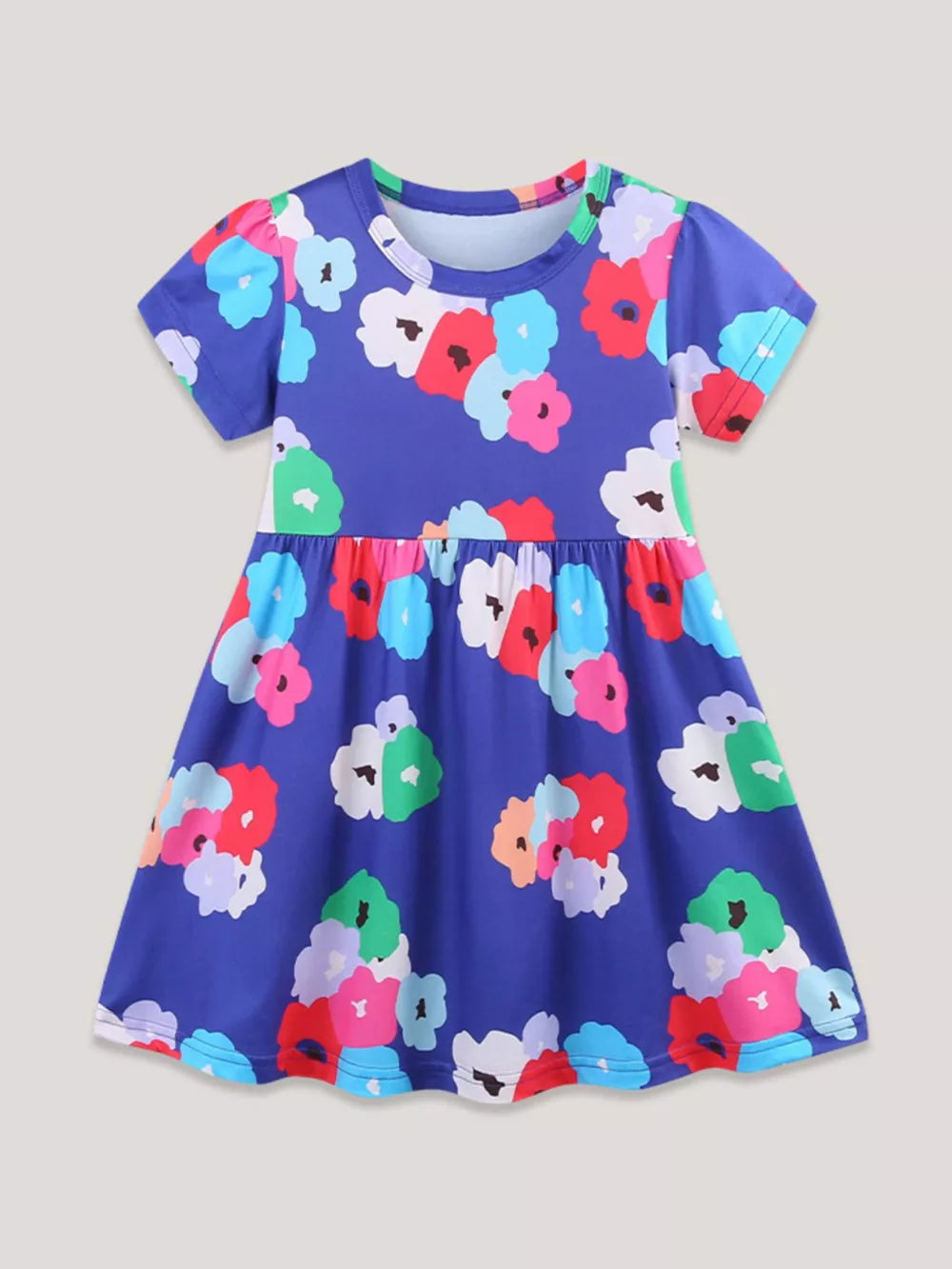 Toddler A-line dress in blue with a colorful floral print, short sleeves, and round neckline.