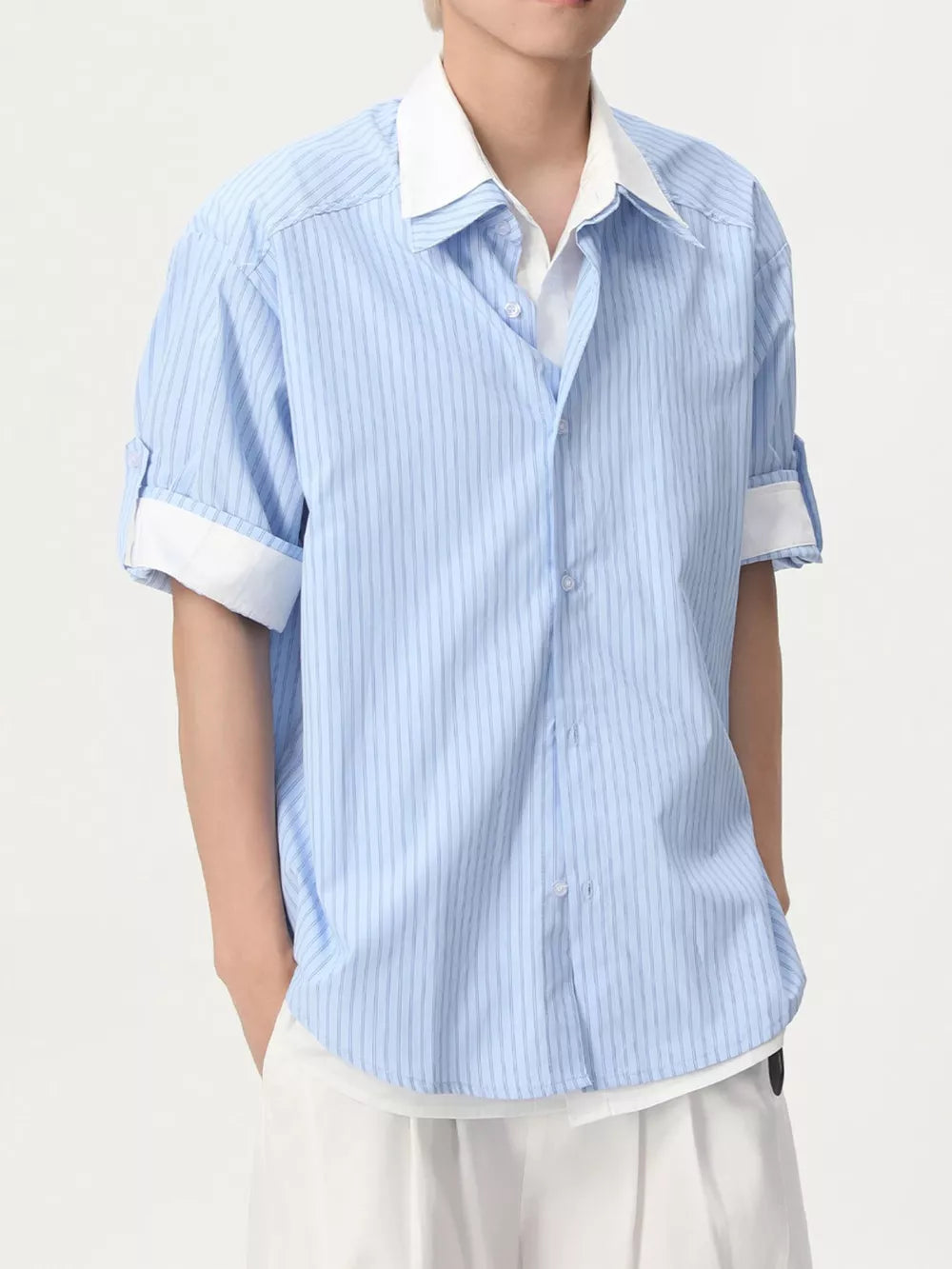 Blue striped button-up shirt with white collar and cuffs, short sleeves, cotton blend