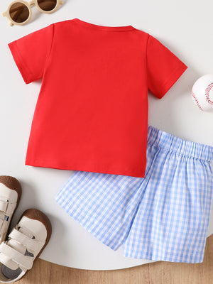 Baby red cotton t-shirt and blue gingham shorts set