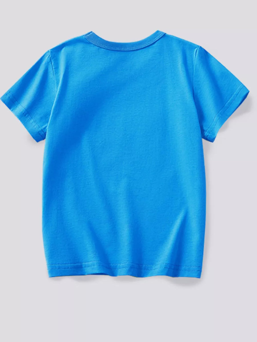 Blue crewneck t-shirt with short sleeves and a relaxed fit.