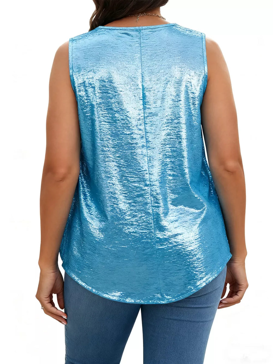 Sky blue polyester tank top with a textured sheen and curved hem.