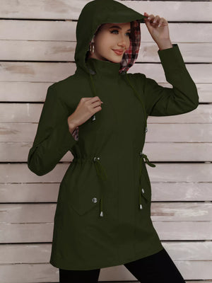 Military green drawstring trench coat with plaid lining and hood.