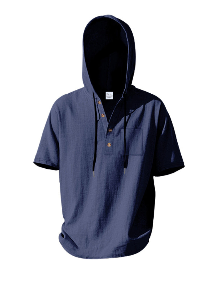 Navy blue short sleeve hooded shirt with button placket and chest pocket