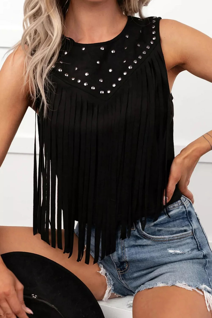 Black fringe tank top with rhinestone embellishments on the neckline.