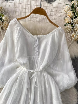 White chiffon maxi dress with floral embroidery, button front, and belted waist.
