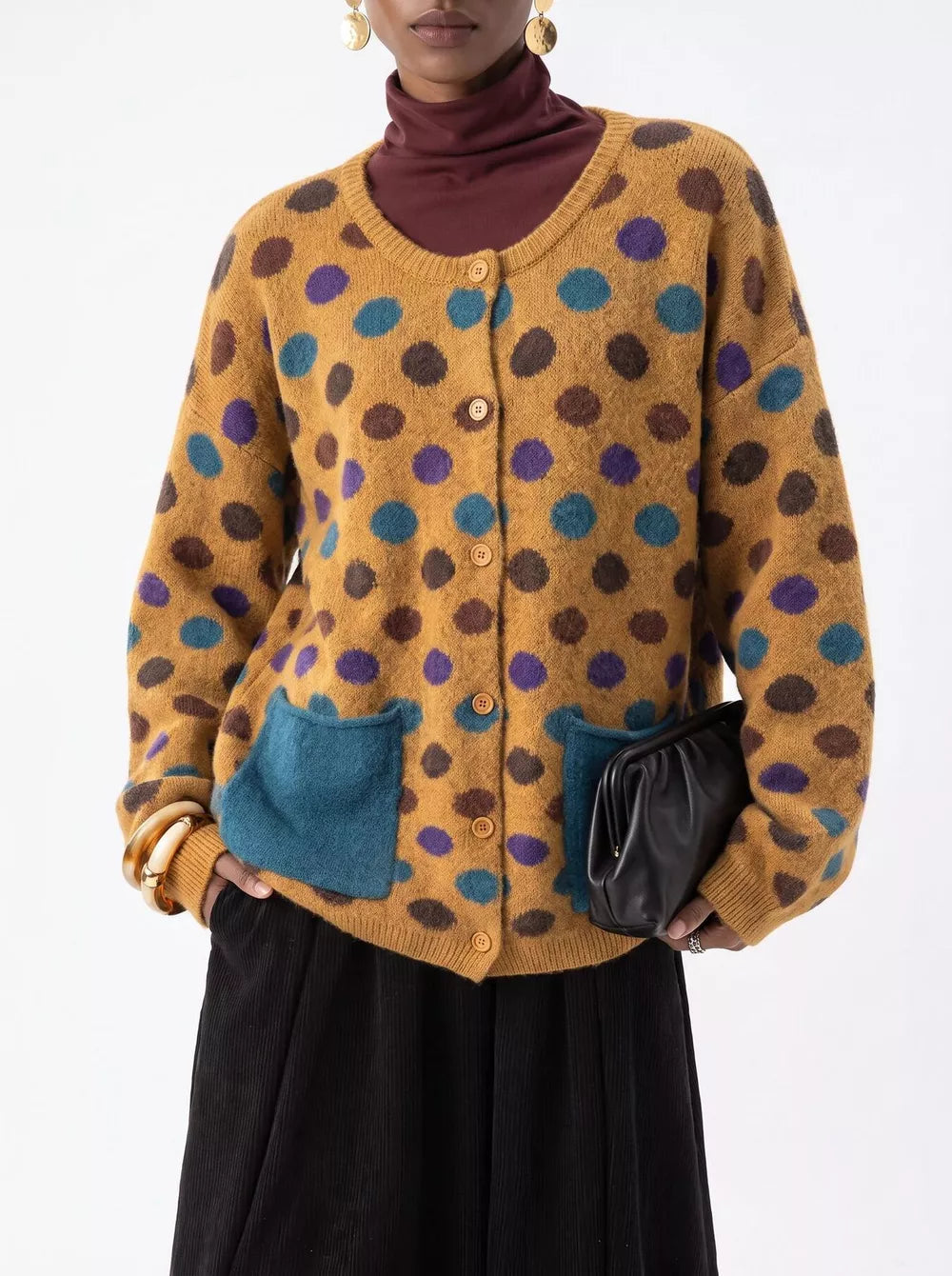 mustard yellow cardigan with polka dot and round neck