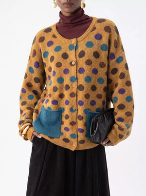 mustard yellow cardigan with polka dot and round neck