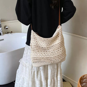 Crochet Knit Shoulder Bag in Beige