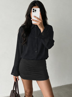 black shirt dress with mini and button-front