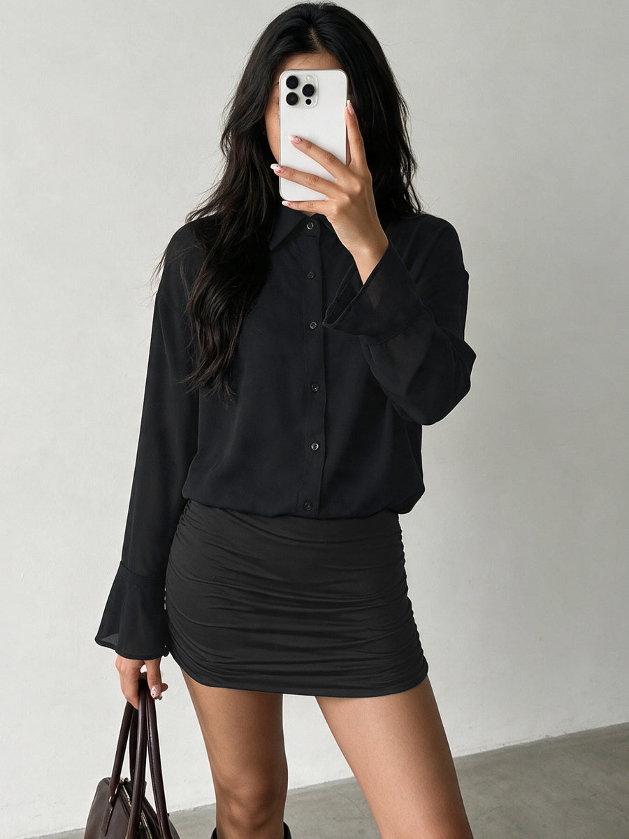 black shirt dress with mini and button-front