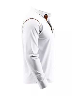 White long sleeve henley t-shirt with button detail and brown trim