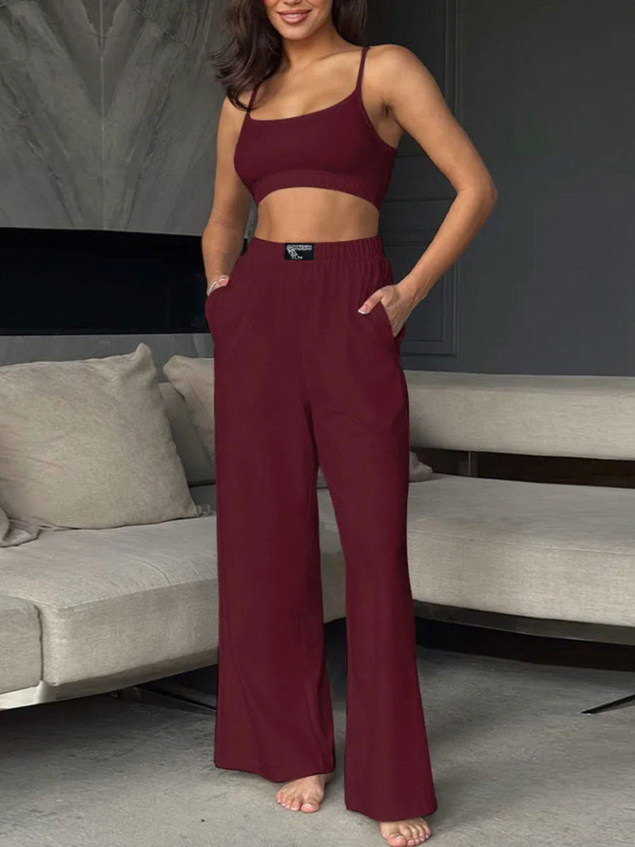 Burgundy scoop neck cami and wide-leg pants set with pockets