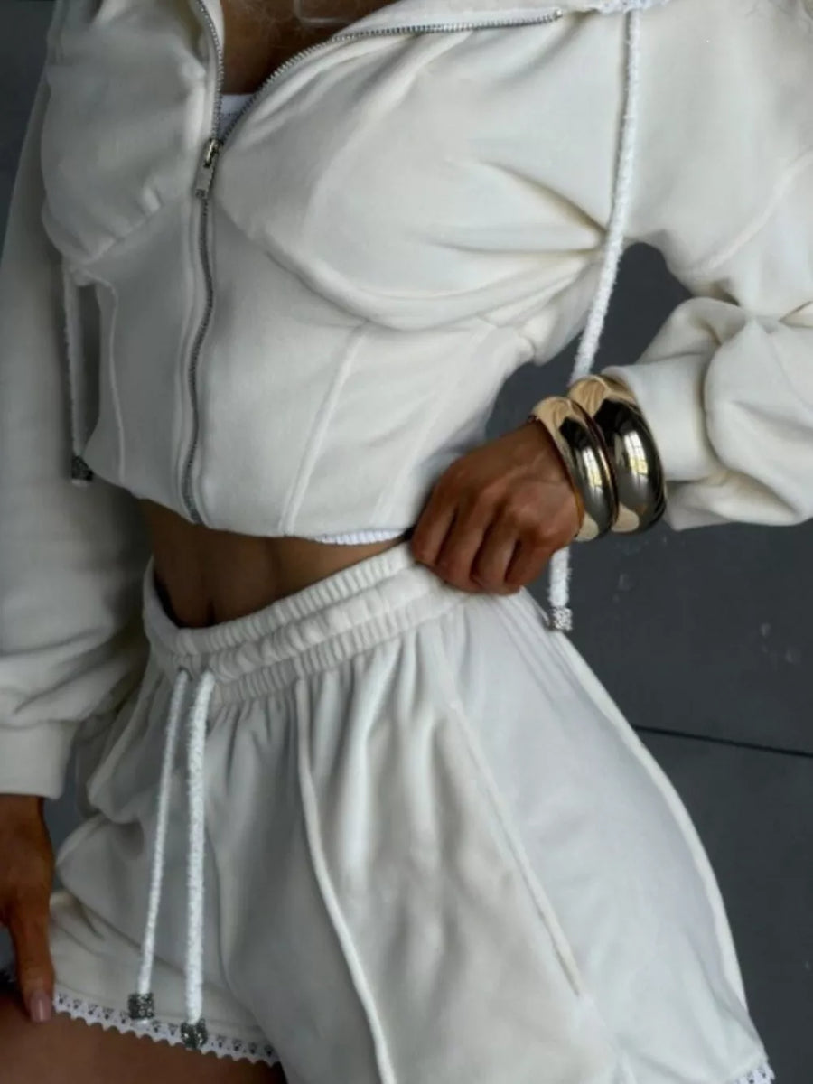 Zip Up Hooded Outerwear And Shorts Set in White