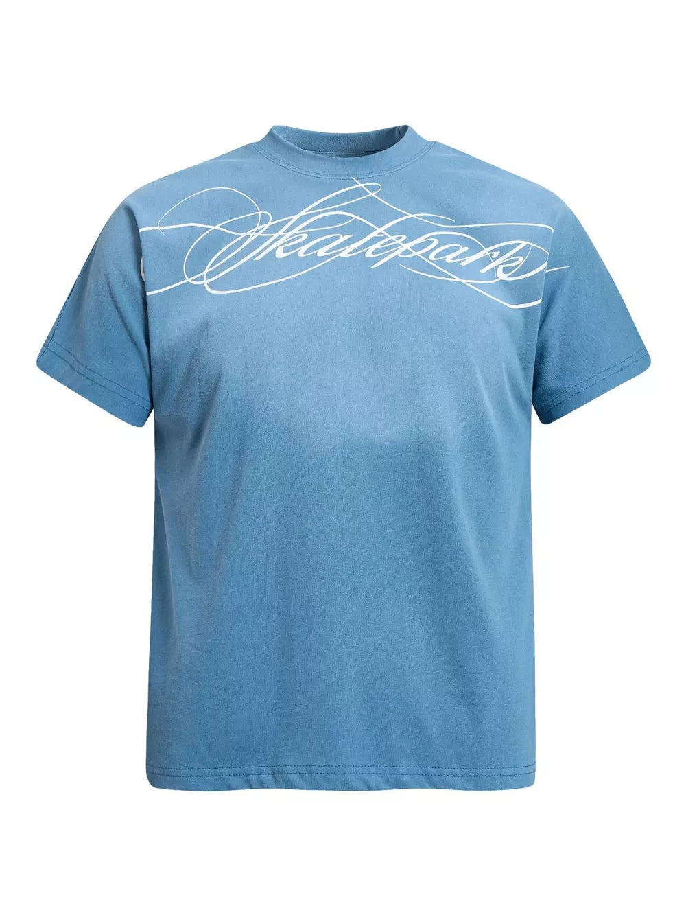 dusty blue t-shirt with graphic and crew neck