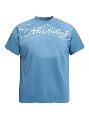 dusty blue t-shirt with graphic and crew neck