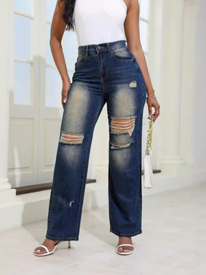 wide-leg jeans in Light Green with distressed and full-length