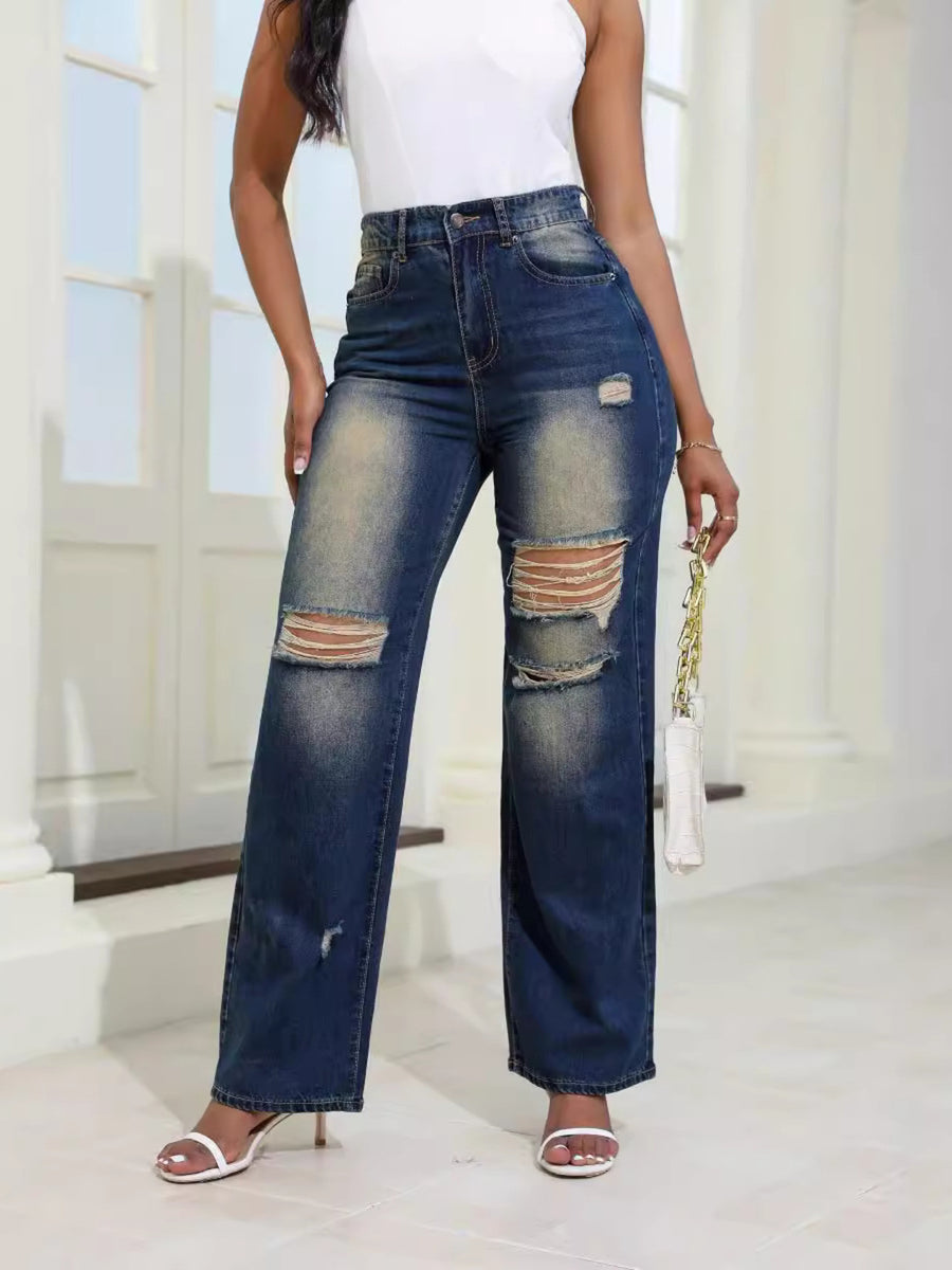 wide-leg jeans in Light Green with distressed and full-length