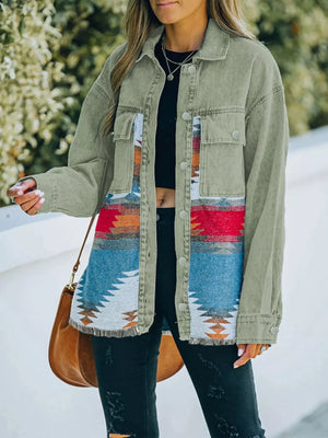 Oversized trucker jacket in sage with Aztec print panels and frayed hem.