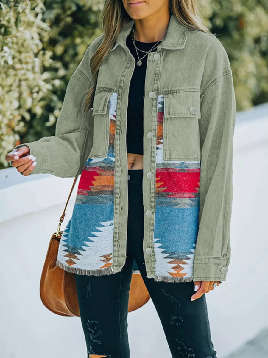Oversized trucker jacket in sage with Aztec print panels and frayed hem.