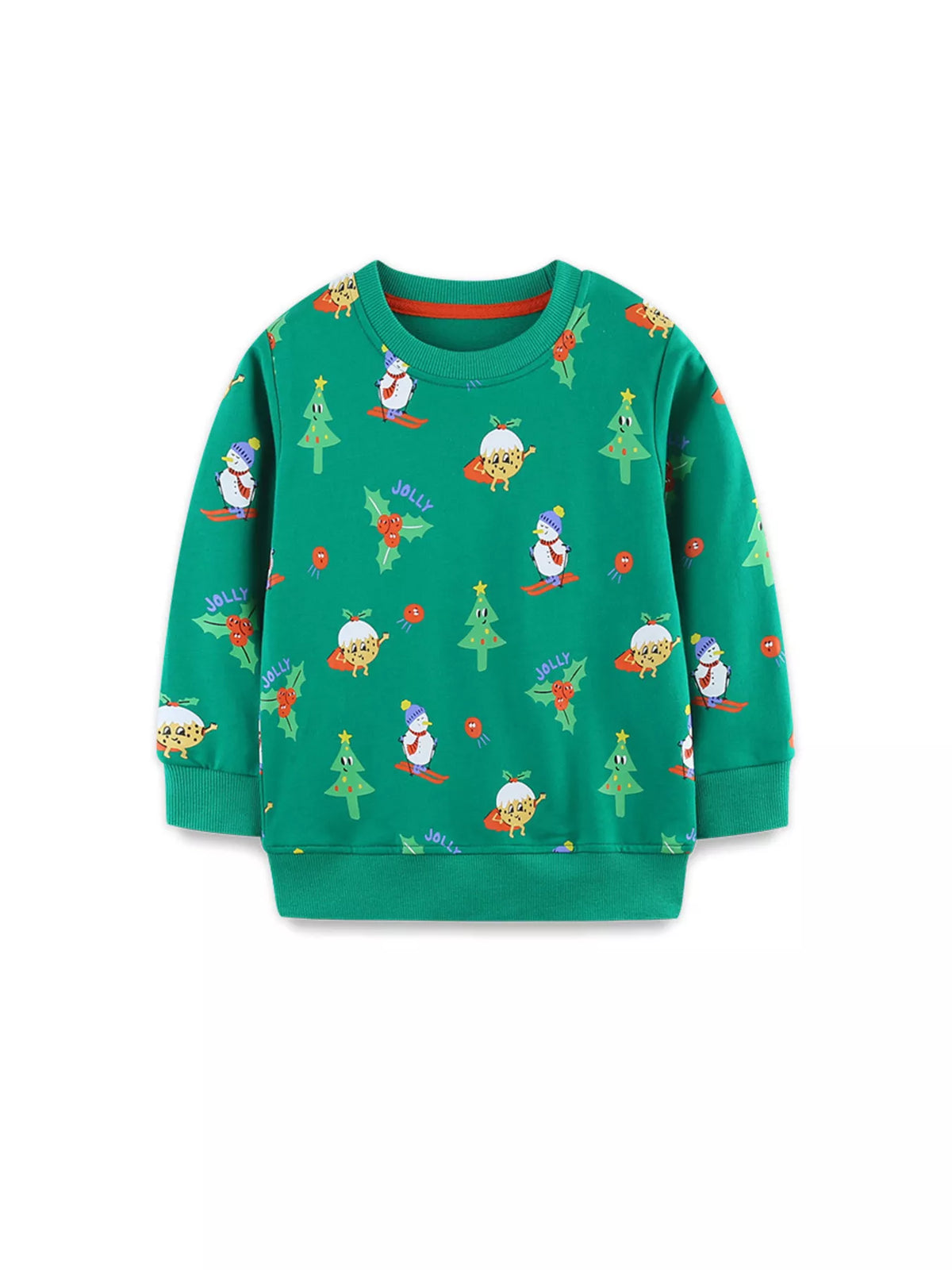Green cotton kids sweatshirt with festive Christmas print and round neckline.