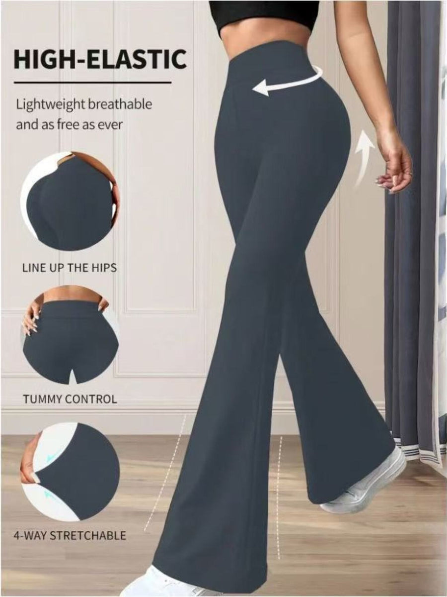 Premium high waist flare pants in gray, cotton blend, with tummy control and 4-way stretch.