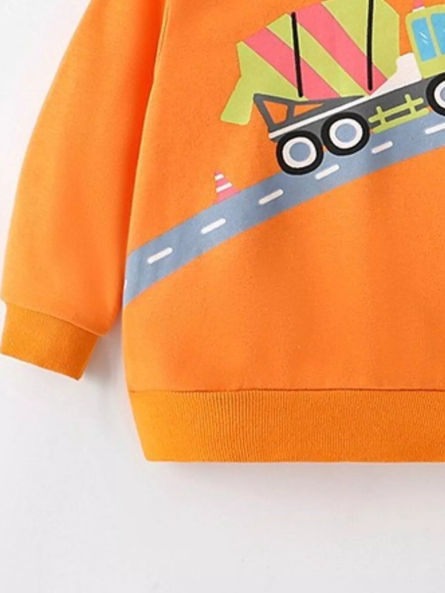 Kids' orange crew neck sweatshirt with a car and road print detail.