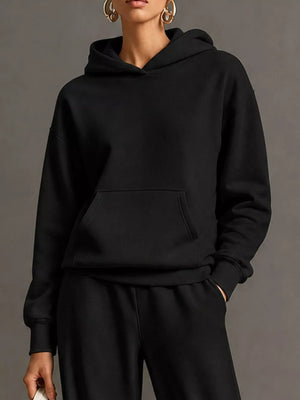 Kangaroo Pocket Hoodie And Pants Set in Gray with drawstring