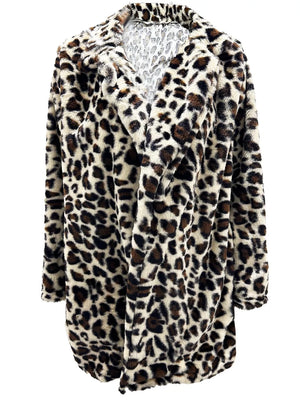 dark brown faux fur coat featuring pocketed and leopard