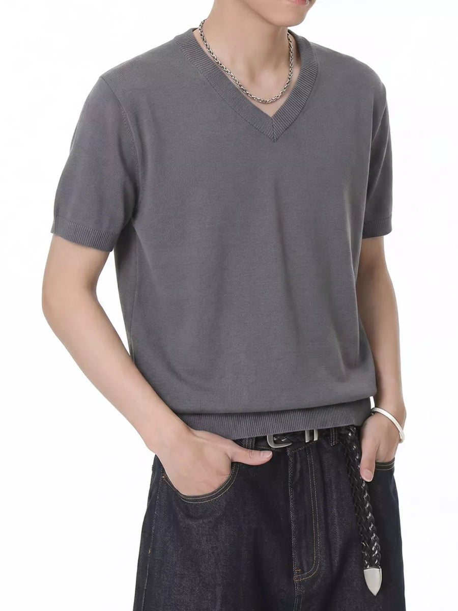 Men's light gray V-neck knit t-shirt with short sleeves and ribbed trim.