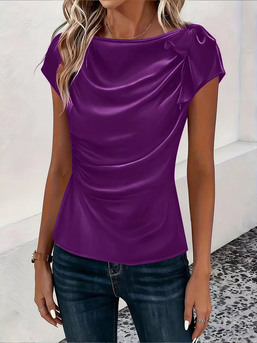 Purple Ruched Short Sleeve Satin Top