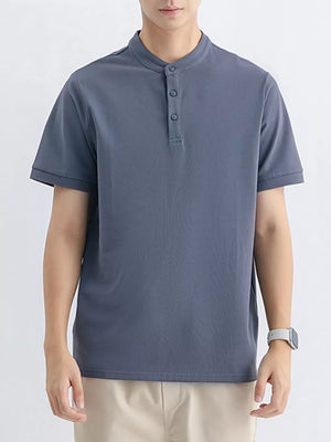 Men's short sleeve t-shirt in Blue Gray with band collar and button placket.