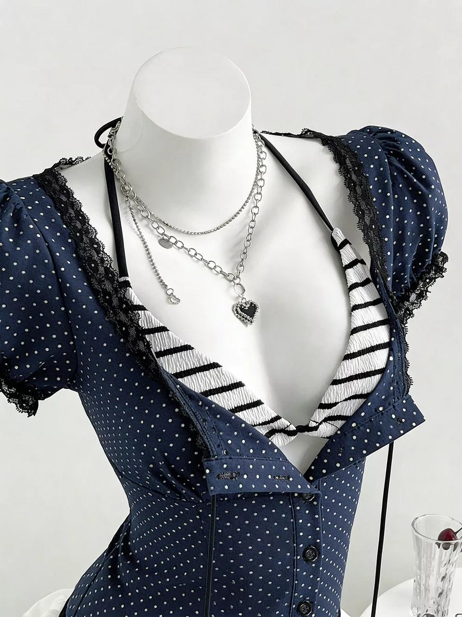 Polka Dot Lace Trim Puff Sleeve Top, view 11