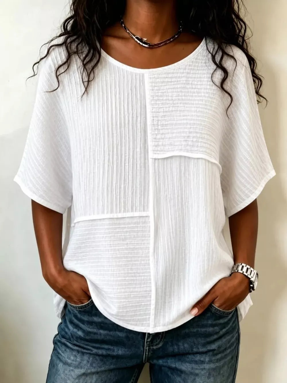 Full Size Texture Round Neck Half Sleeve Blouse in Khaki