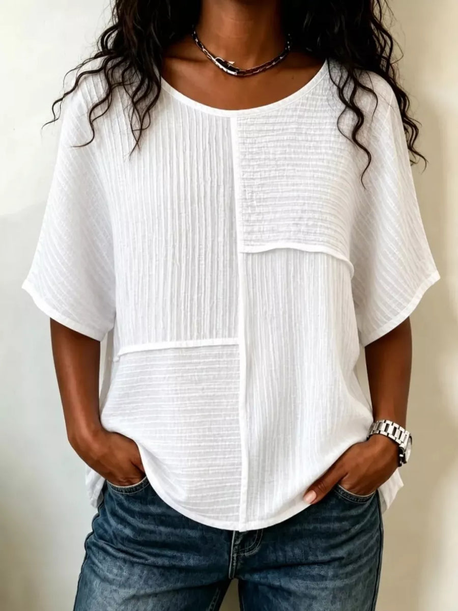 Full Size Texture Round Neck Half Sleeve Blouse in Khaki