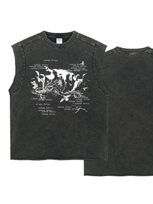 Washed black graphic sleeveless tee with raw edges and distressed print.