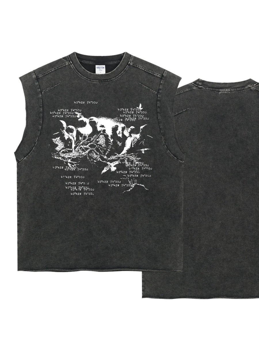 Washed black graphic sleeveless tee with raw edges and distressed print.