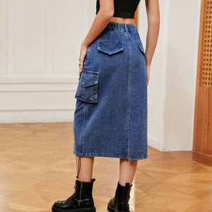 Blue denim midi skirt with cargo pockets and drawstring hem
