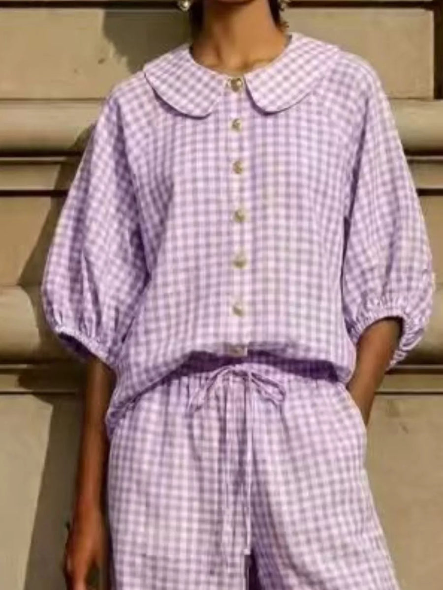 Full Size Plaid Button Up Shirt And Pants Set Plus Size in Light Blue