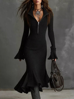 sweater dress in Black with ruffled and midi